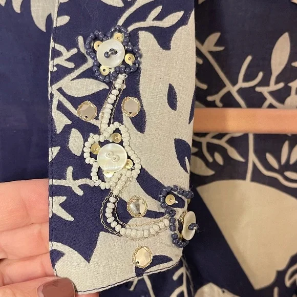 Soft Surroundings beaded tunic cotton blue white leaf print embellished 1X - Picture 11 of 12